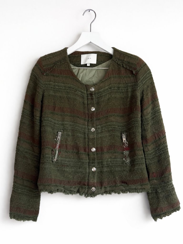 Iro Agnette Khaki & Red Stripe Distressed Tweed Zip Up Blazer Jacket